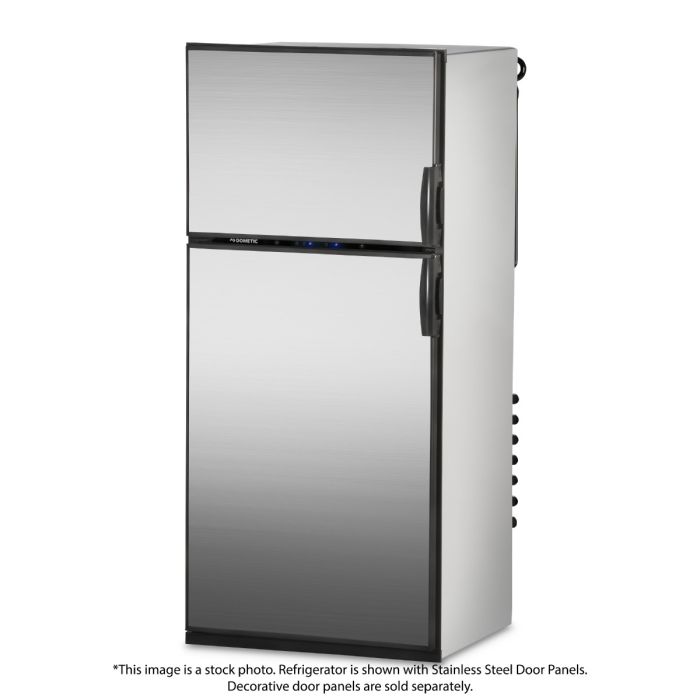 Dometic DMR702LB-E Gas Absorption RV Refrigerator front view with stainless steel door panels (not included) and doors closed. Dometic DMR702LB-E Gas Absorption RV Refrigerator front view with stainless steel door panels (not included) and doors closed.