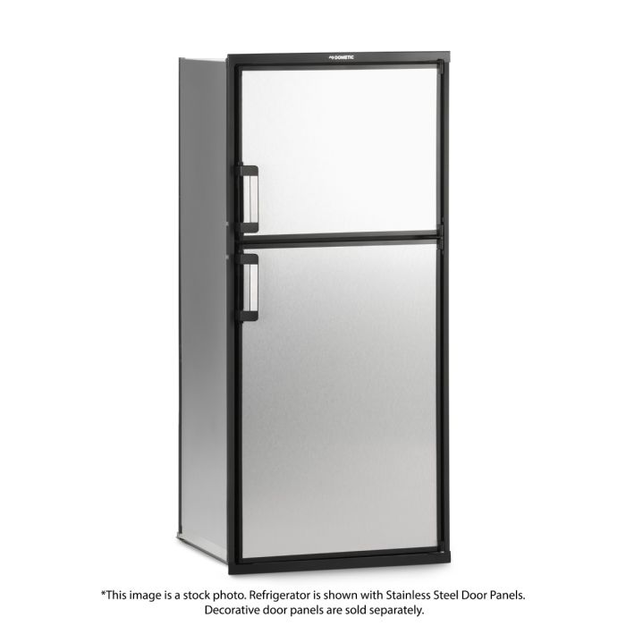 Dometic DM2683RBF1 Gas Absorption RV Refrigerator front view with stainless steel door panels (not included) and doors closed. Dometic DM2683RBF1 Gas Absorption RV Refrigerator front view with stainless steel door panels (not included) and doors closed.