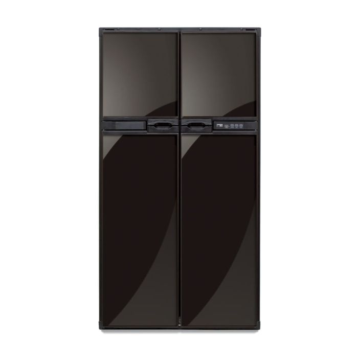 Norcold 1210 Gas Absorption RV Refrigerator front view with black decorative door panels (not included) and doors closed. Norcold 1210 Gas Absorption RV Refrigerator front view with black decorative door panels (not included) and doors closed.