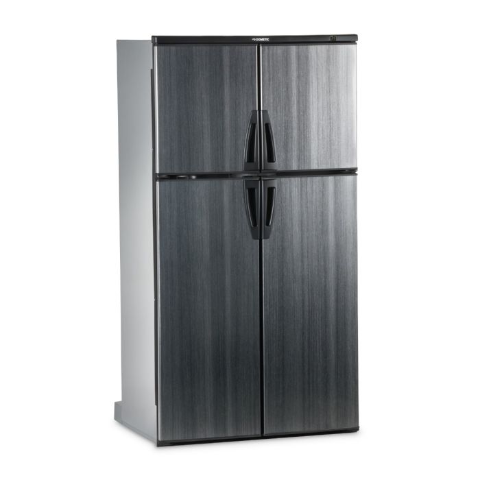 Dometic RM1350SLMBS Gas Absorption Black Stainless Steel RV Refrigerator front view with doors closed. Dometic RM1350SLMBS Gas Absorption Black Stainless Steel RV Refrigerator front view with doors closed.