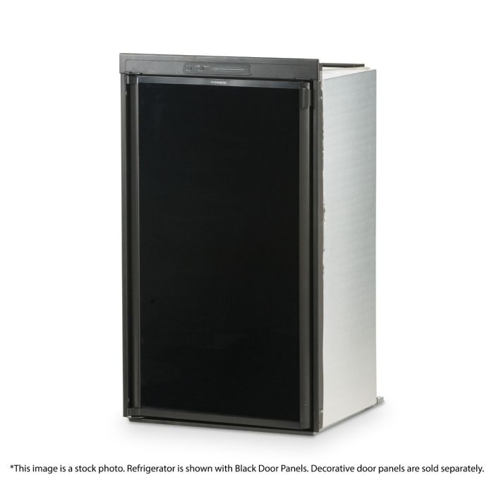 Dometic RM2554LB1F Gas Absorption RV Refrigerator front view with a black door panel (not included) and door closed. Dometic RM2554LB1F Gas Absorption RV Refrigerator front view with a black door panel (not included) and door closed.