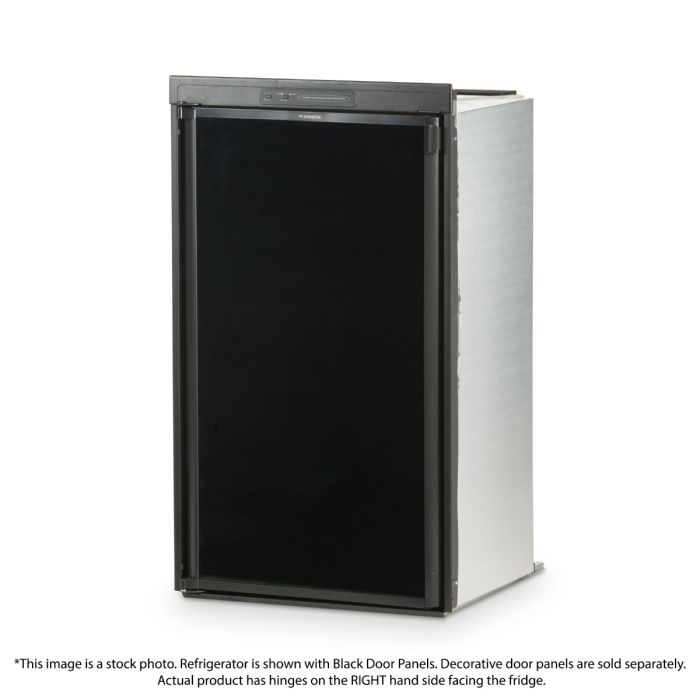 Dometic RM2554RB1F Gas Absorption RV Refrigerator front view with a black door panel (not included) and the door closed. Dometic RM2554RB1F Gas Absorption RV Refrigerator front view with a black door panel (not included) and the door closed.