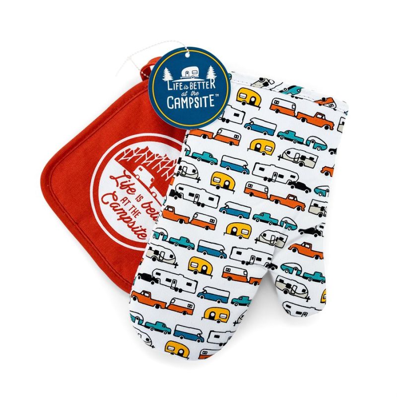 CAMCO Life is Better at the Campsite Multi Color RV Print Oven Mitt & Red Pot Ho
