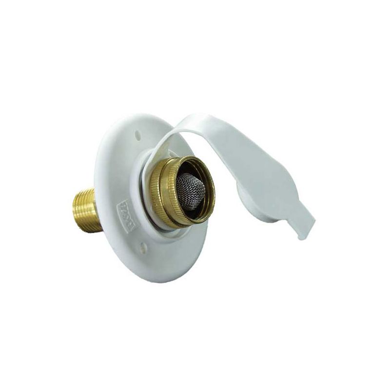 Lead Free Brass Valve With Dust Cap JR Products 62165 White Aluminum City Water Flange - 1/2" MPT X 3/4" Hose Fitting With Lead-Free Brass Check Valve Rv Water Inlet