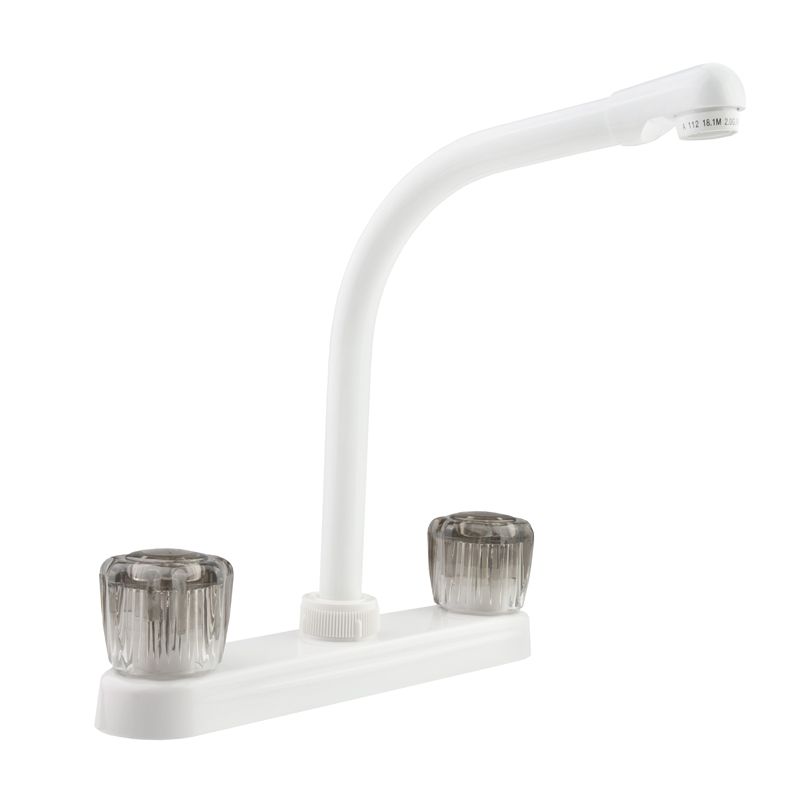 DURA Hi-Rise White RV Kitchen Faucet with Smoked Knobs - DF-PK210S-WT