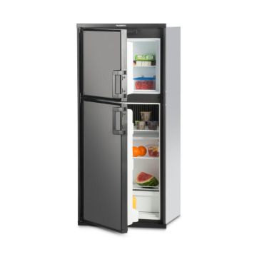 Dometic DM2682LB1 Gas Absorption RV Refrigerator front view with stainless steel door panels (not included) and doors opened with food inside.