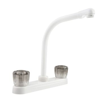 DURA Hi-Rise White RV Kitchen Faucet with Smoked Knobs