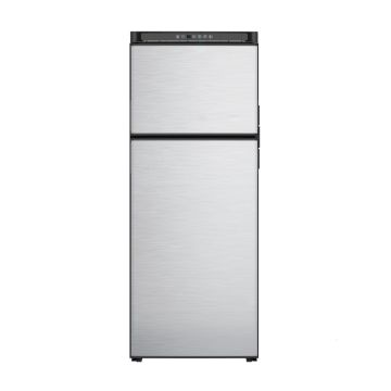 Norcold N10DCSSL DC Compressor RV Refrigerator front view of the stainless steel doors. 